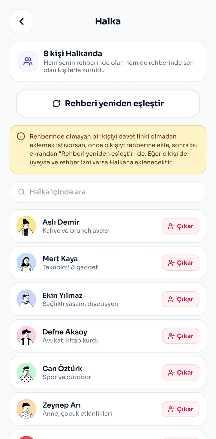 Halka ekranı: rehberden eşleşen kişiler