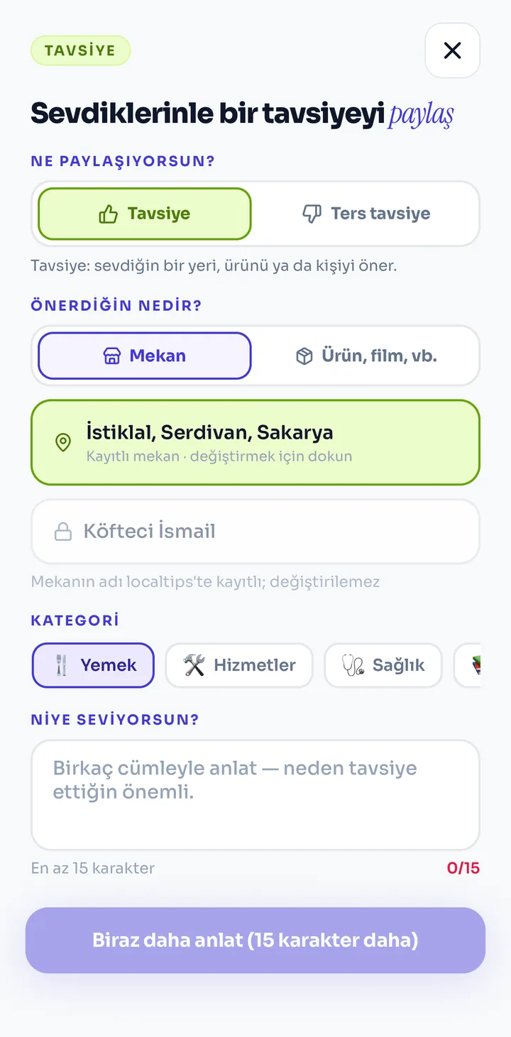 Tavsiye paylaşma ekranı